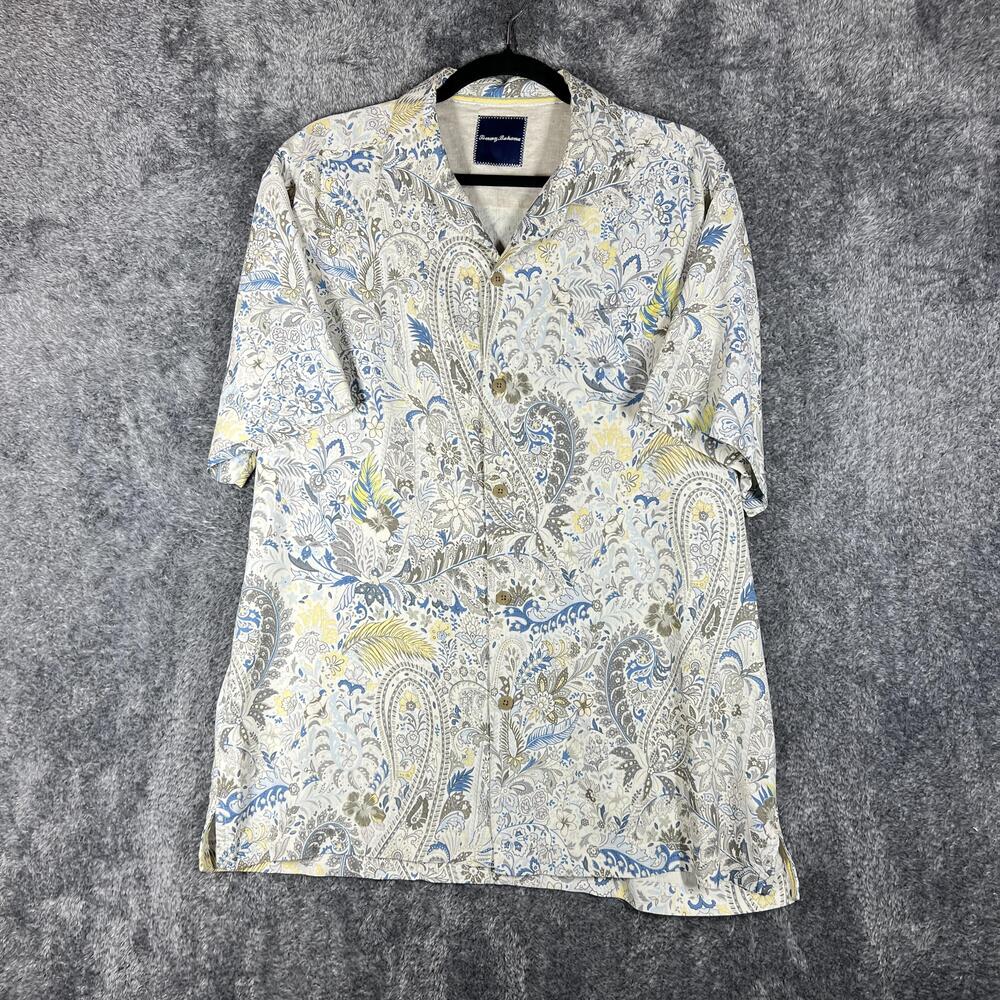 Tommy Bahama Shirt Mens Large Beige Paisley Silk Lightweight Button Up Relaxed